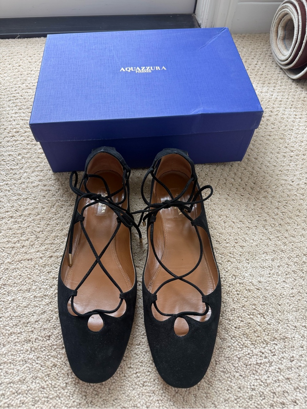 Aquazzura Black Suede Lace-Up Ballet Flats